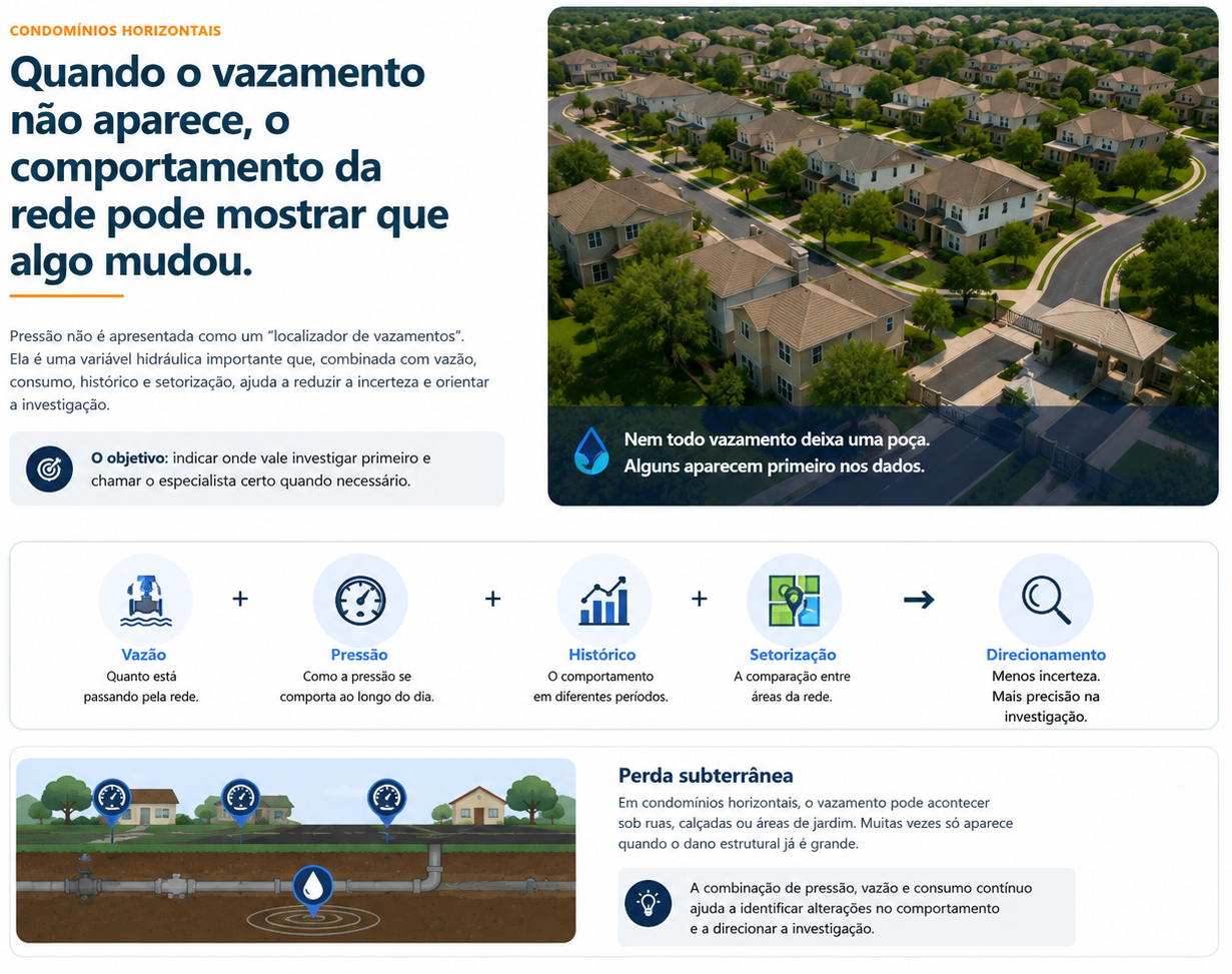Condomínios horizontais com monitoramento de vazão, pressão, histórico, setorização e investigação de perdas subterrâneas